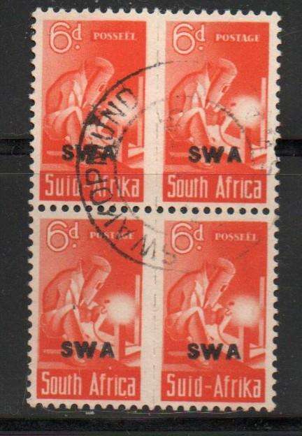 South West Africa 1943-4, small wars, 6d of S.Africa opt S.W.A., block of 4, thick W, used