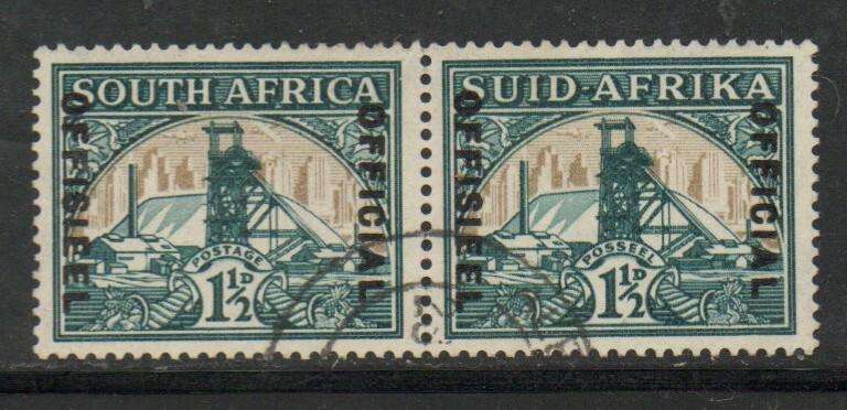 South Africa, 1935, 1 1/2d green & bright gold, OFFICIAL OFFISEEL, pair, used