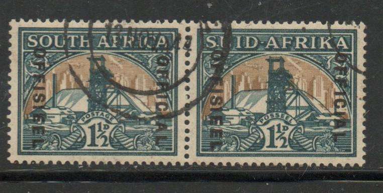 South Africa, 1941, 1 1/2d blue-green & dull gold, OFFICIAL OFFISEEL, pair, used