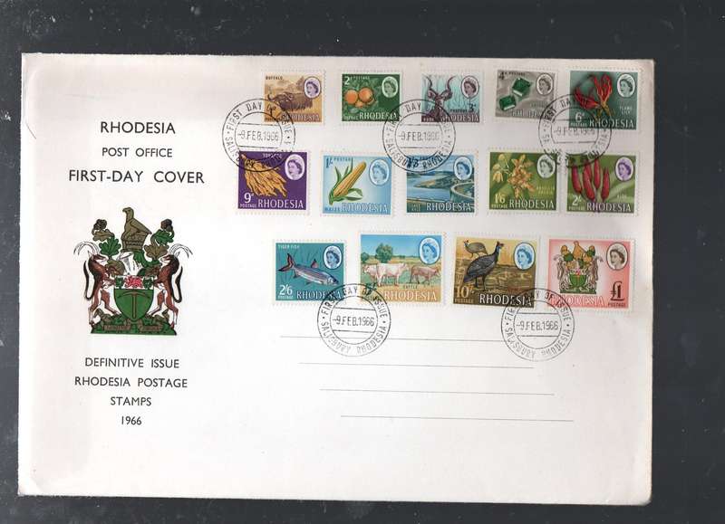 Rhodesia - 1966, Definitive set 1d to £1, First Day Cover, SALISBURY. RHODESIA 9 FEB 66