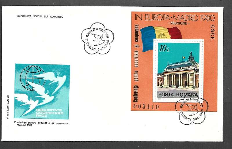 Rumania European Security & Co-Operation, Madrid, 10L miniature sheet FDC  BUCURESTI 30.IX 1980