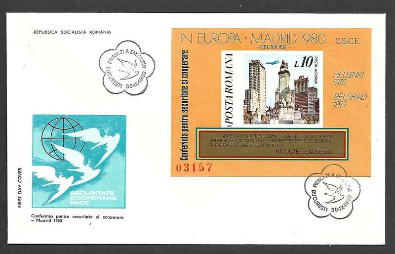Rumania European Security & Co-Operation, Madrid, 10L air miniature sheet FDC  BUCURESTI 30.IX 1980