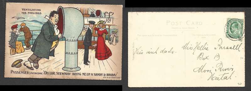 PPC Ocean Liner Life, humour, used in South Africa (Cape Town), ALFRED DOCKS AP 10 11 cds, > Natal