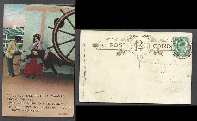 PPC Sea Sickness Bamforth comic used in S. Africa (Cape Town), ALFRED DOCKS AP 10 11 cds, > Natal