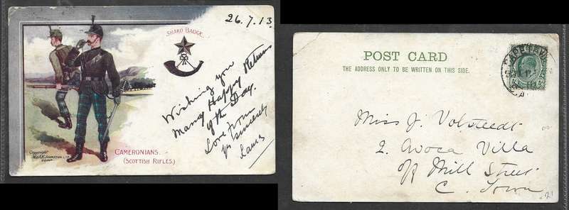 Cameronians PPC, Transvaal 1/2d, interprovincial used,CAPETOWN 29 JUL 13 cds > Cape Town