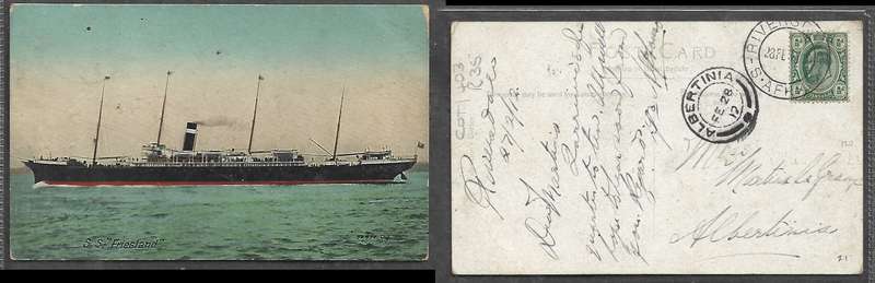 SS Friesland PPC, Transvaal 1/2d, interprovincial used, RIVERSDALE 28 FE 12 cds > ALBERTINA