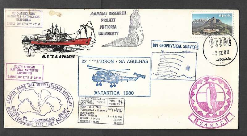SS Agulhas, 22 Squadron, Wits-UCT Geoscience, Pretoria Mammal, BPI GEO, SANAE 9.II.80