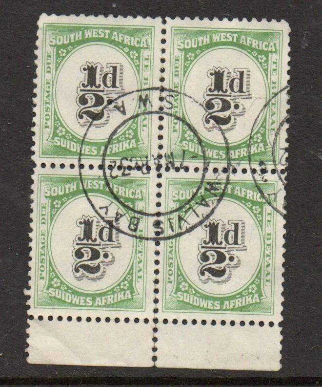 South West Africa, Postage Due, 1931, 1/2d, lower marginal block of 4, used