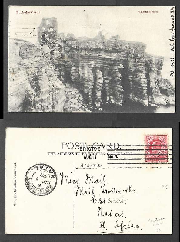 Scotland Postcard, Bucholie Castle  used 1d, BRISTOL No1 AUG 11 05 > ESTCOURT NATAL