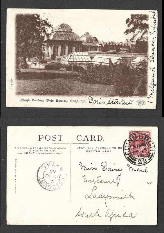 Scotand, post card Botanic Gardens(Palm House used 1d, EDINBURGH -22- FE 02 05 cds, > ESTCOURT NATAL