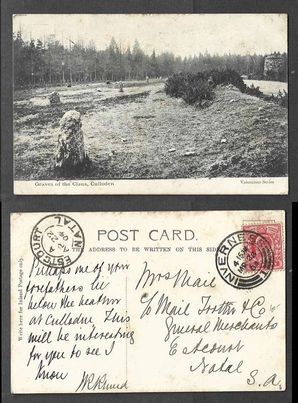 Scotland, post card Graves of the Clans Culloden used 1d, INVERNESS-1-MR 28 04 cds, > ESTCOURT NATAL