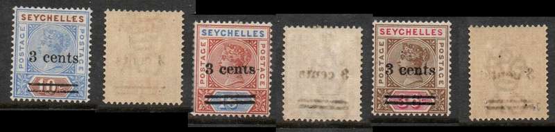 Seychelles, VRI, 1901, 3cents surcharges on 10c, 16c, 36c, MH *