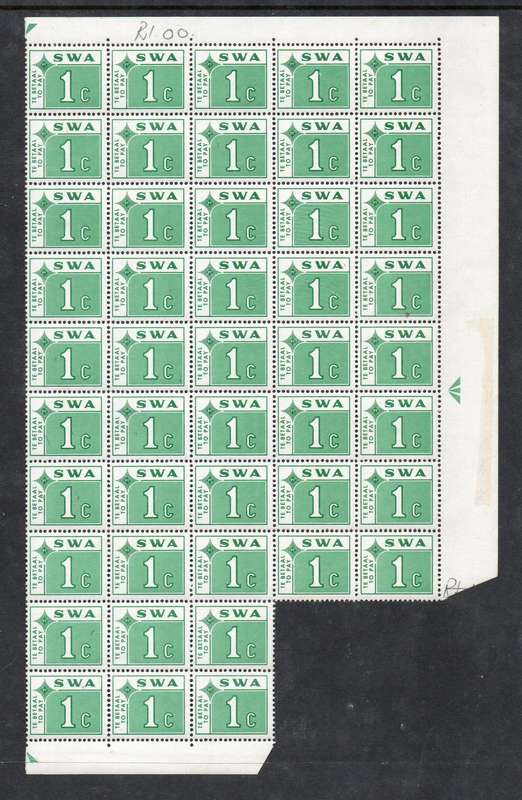 South West Africa. 1972 Postage Due, 1 cent, block of 46, MNH **