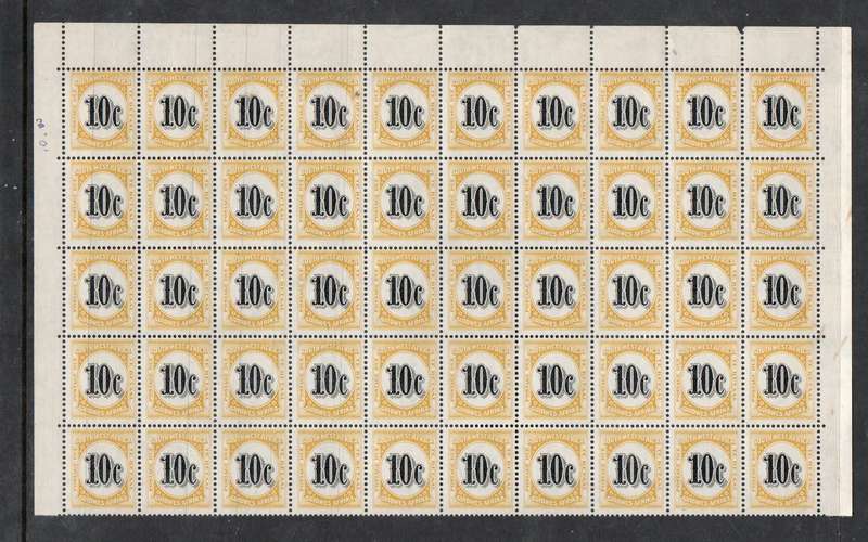 South West Africa. 1961 Postage Due, 10 cents, block of 50, MNH **