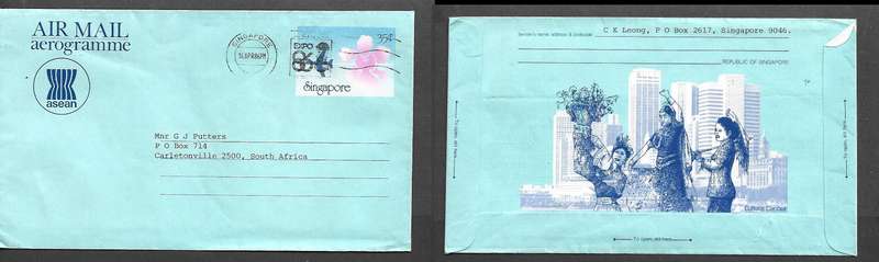 Singapore 35c aerogramme SINGAPORE 14 APR 86 + SINGAPORE EXPO 86 slogan > S. Africa