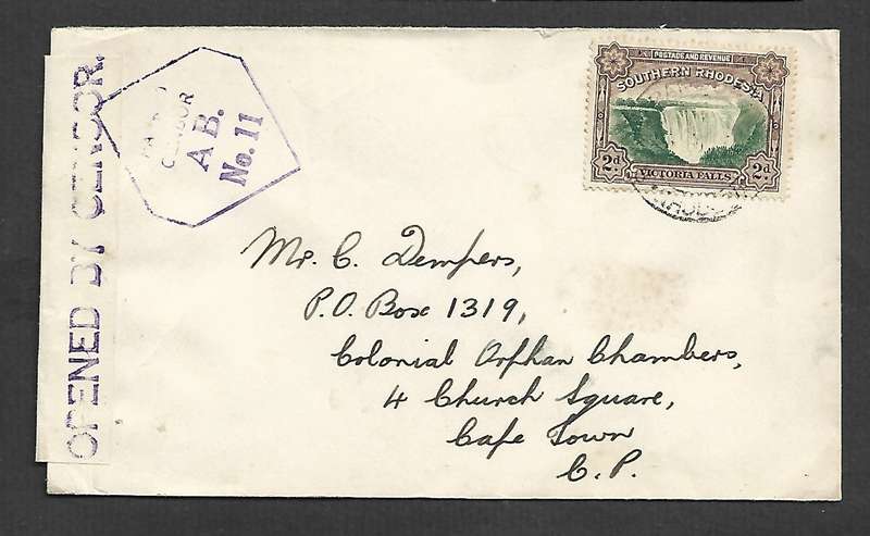 S. Rhodesia, WWII, cover 3d ???? cds > S.Africa, PASSED BY CENSOR AB No 11, h/s OPENED BY CENSOR