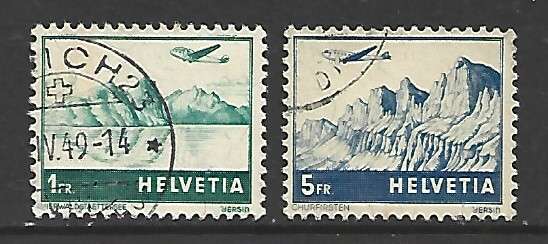 Switzerland, 1941, air mail stamps, 1Fr, 5Fr, used