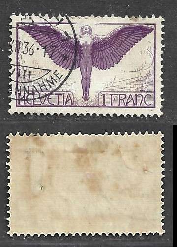 Switzerland, 1933, I Franc, violet, Icarus, grilled gum, used
