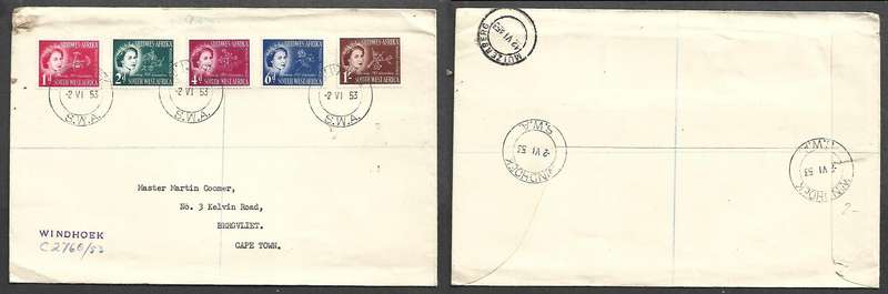 South West Africa, EIIR CORONATION WINDHOEK 2 VI 53 cds, 1st Day >Bergvliet MUIZENBERG transit