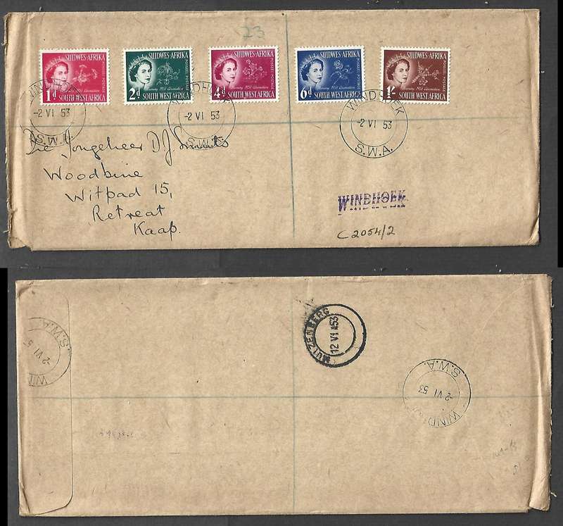 South West Africa, EIIR CORONATION WINDHOEK 2 VI 53 cds, 1st Day >ABENAB SWA, GROOTFONTEIN transit