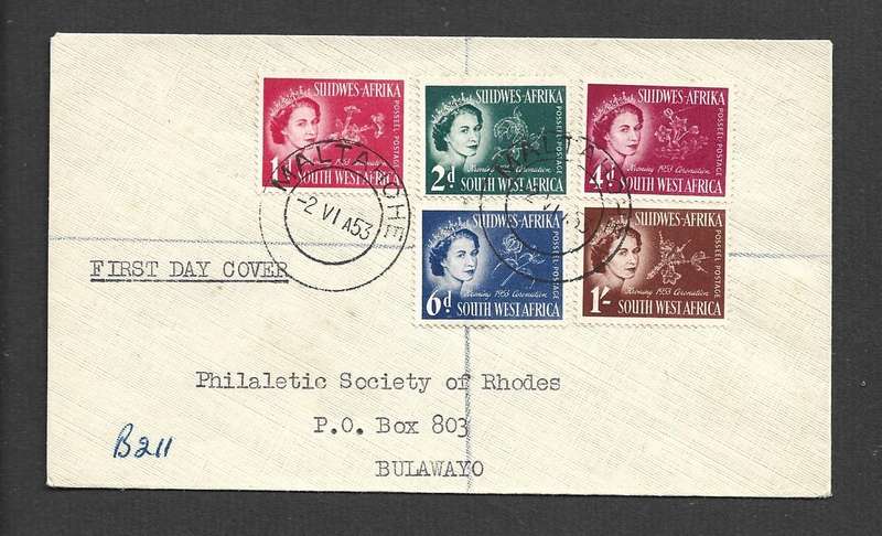 South West Africa, EIIR CORONATION WINDHOEK 2 VI 53 cds, 1st Day > Bulawayo