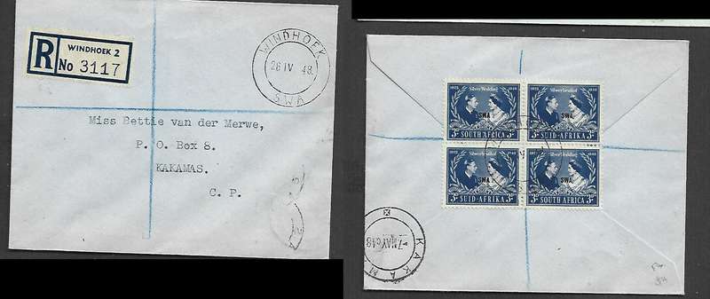 South West Africa, Royal Wedding block of 4. WINDHOEK 21 IV 48 cds, 1st Day registered  > KAKAMAS