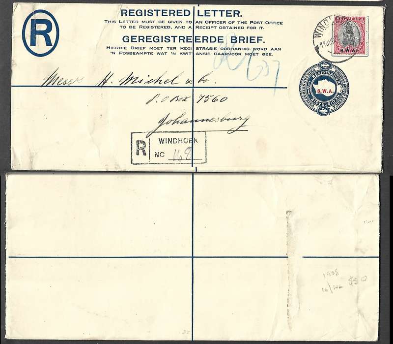 South West Africa, GVR 4d Registered Envelope of S.A. opt SWA, WINDHOEK 11 JU ??? > Johannesburg