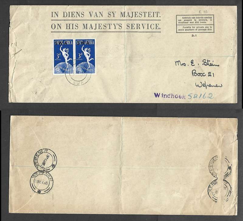 Southwest Africa GVIR, OHMS, registered, franked 6d WINDHOEK 25 XI 49 cds> WEPENER 28 NOV49