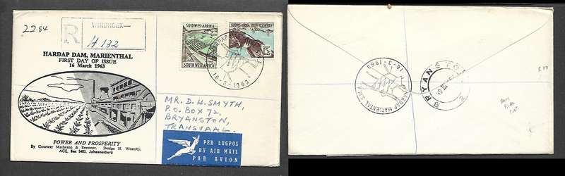 South West Africa FDC, Hardap Dam HARDAP MARIENTAL 16-3-63 special cds  > BRYANSTON,