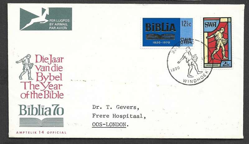 South West Africa, "Biblia 70" Year of the Bible  WINDHOEK 24 VIII 1970 special cds > E.London