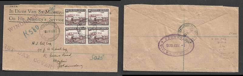 South West Africa FDC 1 1/2d opt OFFICIAL, WINDHOEK 1 VII 38cds>Jhb DIREC FOR POSTS & TELS oval d.s.