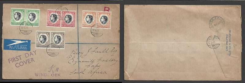 South West Africa FDC GVIR Coronation, WINDHOEK AIR MAIL 11 v 37 cds > DYNAMITE FACTORY, Cape
