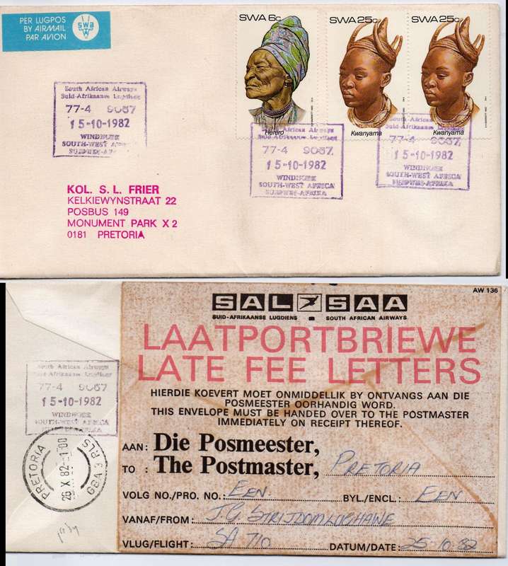 S. W. Africa  SOUTH AFRICAN AIRWAYS 15 - 10 -1982 WINDHOEK LATE FEE LETTERS>PRETORIA