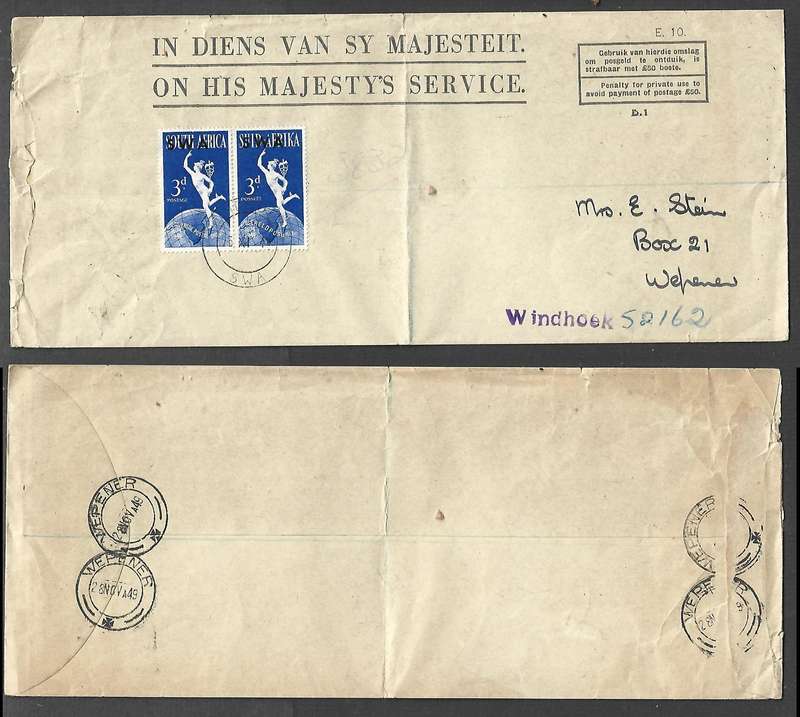 South West Africa O.H.M.S. 6d, registered WINDHOEK25 XI 49 cds > WEPENER 28 NOV 49
