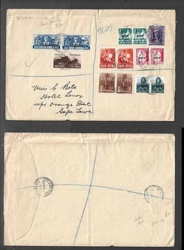 South West Africa War Effort 1/2d - 1/- WINDHOEK COUNTER 2 III 43cds, registered > CapeTown