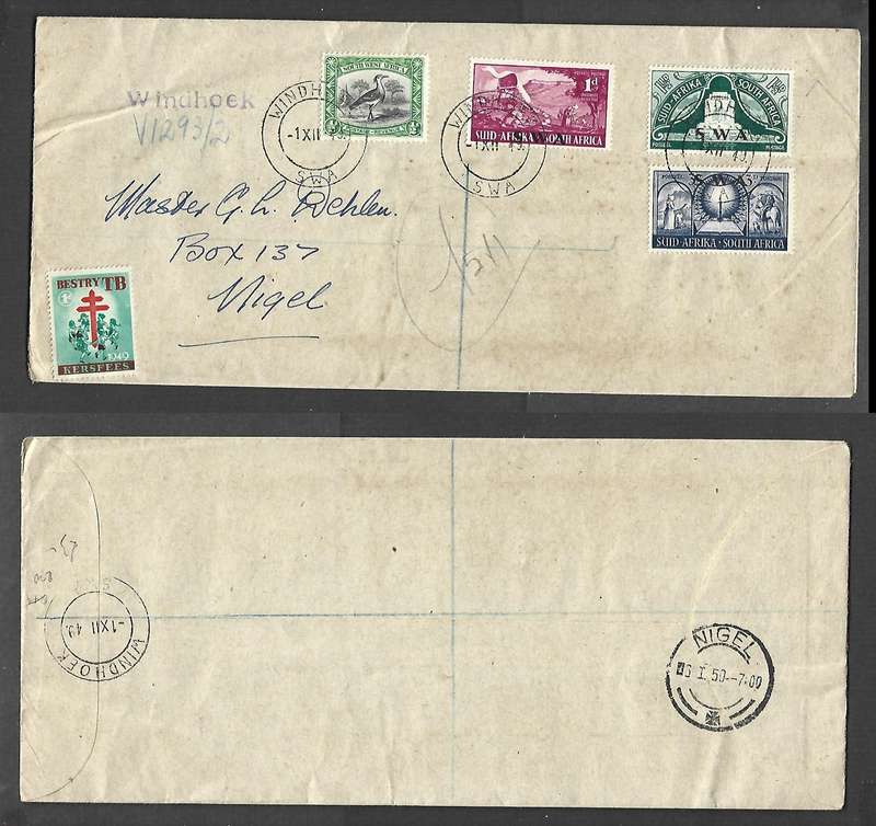 South West Africa FDC Voortrekker Monument WINDHOEK 1 XII 49 cdsregistered > NIGEL, S. Africa