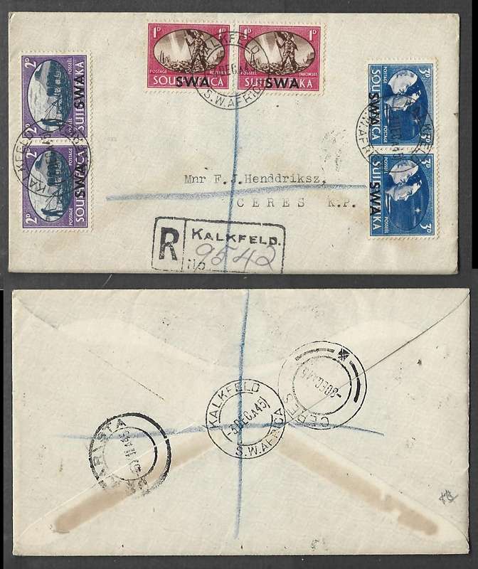South West Africa Peace, registered private FDC, KALKFELD 3DEC 45 cds>CERES. DE AAR STN transit