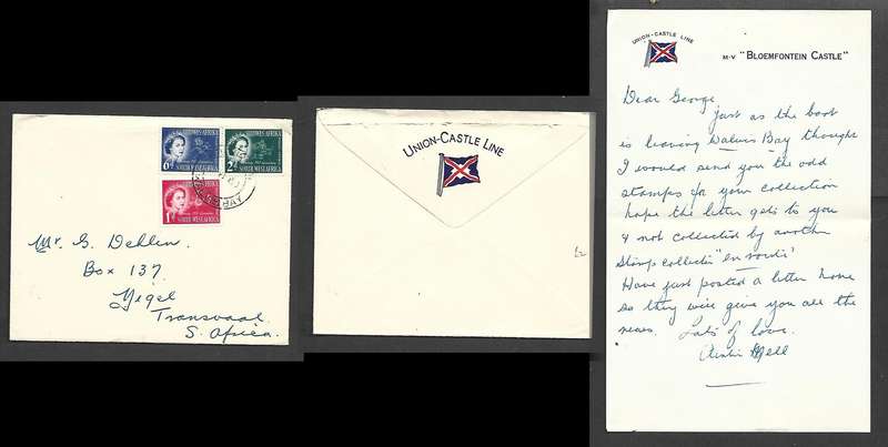 South West Africa, EIIR CORONATION 3vals WALVIS BAY2 VI 53 cds, 1st Day UNION CASTLE stationery
