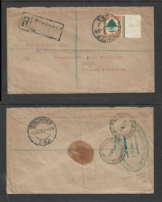 South West Africa, 6d OFFISIEEL SWA, cover, WINDHOEK 7 JAN 31 >PERTH W. AUSTRALIA