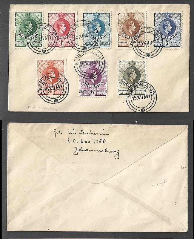 Swaziland GVIR, 8 values, 1/2d - 1/, unaddressed, MBABANE 15.XII.41 c.d.s. NOT 1st day