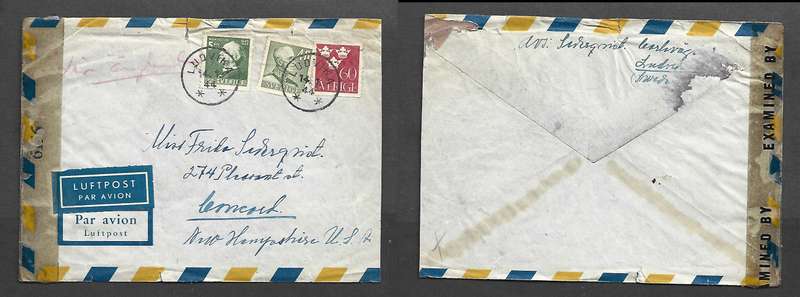 Sweden air mail 105ore, LUDVIKA 14.1.44 cds,> USA, Opened by Examiner 6156 label