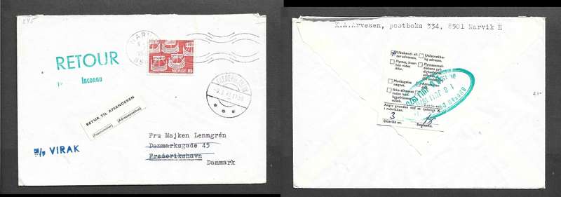 Norway, Post Museum 65c, registered, NARVIK 7-7-1970cds> Denmark, returned FRERIKHAVN9.7.70