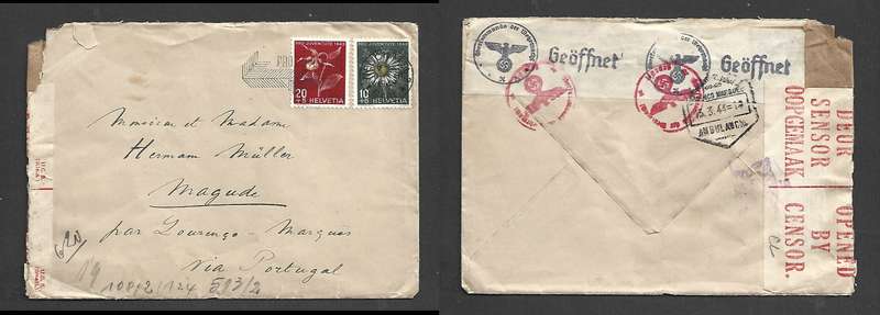 Switzerland 30c NEUCHATEL 8 XII 1943 > LAURENCO MARQUES 13.3.44, Germany & S.Africa censor labels