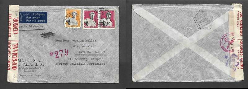 Switzerland 50c LAUSANNE 18 VIII 44 > LAURENCO MARQUES 2 II 44, Germany & S.Africa censor labels