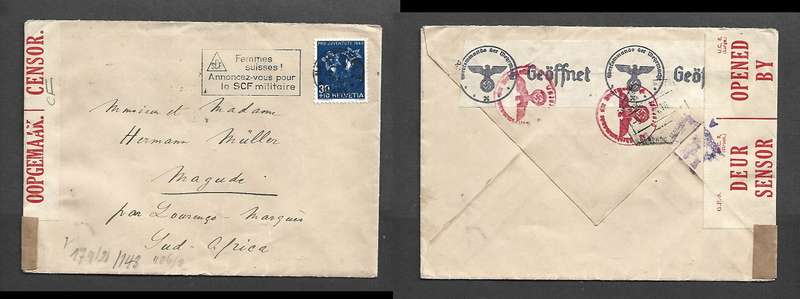 Switzerland 30c NEUCHATEL  12 I 44 > LAURENCO MARQUES 9 5 44, Germany & S.Africa censor labels