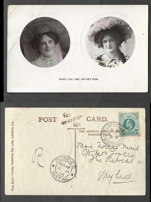 Misses Maie Ashe & Lily Elsie, used 1d, GLENCOE JUNCTION NATAL DE 31 08cds>Vryheid, DUNDEE transit