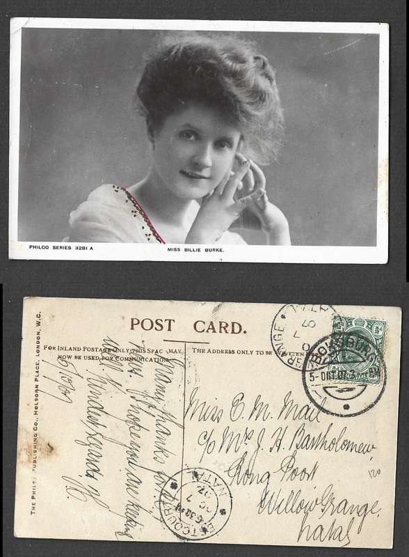 Miss Billie Burke, used 1/2d, BOKSBURG 5 OCT 07 cds> WILLOWGRANGE NATAL, ESTCOURT transit