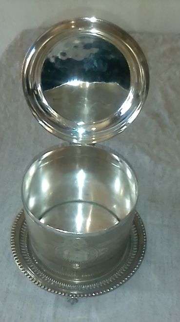 EPNS biscuit barrel, 14cm high, 13cm diameter, HA EA FA (maker)