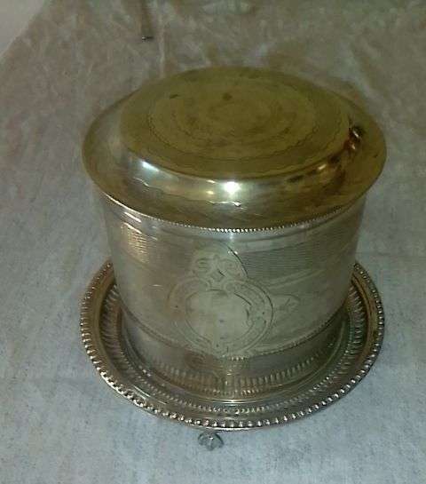 EPNS biscuit barrel, 14cm high, 13cm diameter, HA EA FA (maker)