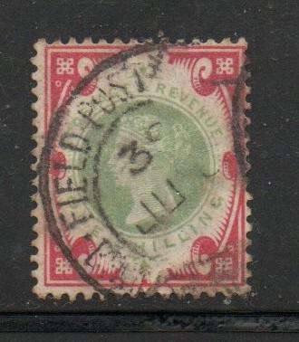 South Africa,1/- Jubilee, 1887 of G.B. used part FIELD POST OFFICE B.O. BRITISH ARMY S.AFRICA c.d.s.